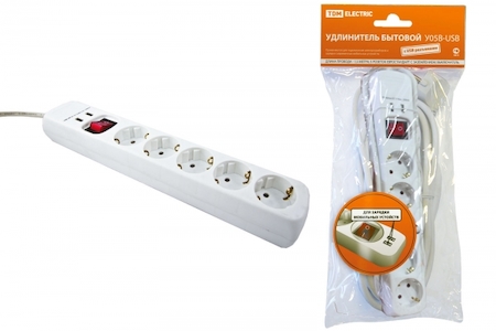 TDM ELECTRIC SQ1303-0302 Удлинитель бытовой  У05В-USB 5 гнезд, 2USB разъема, 1,5 метра, вык., з/к, ПВС 3х1мм2  16А/250В TDM